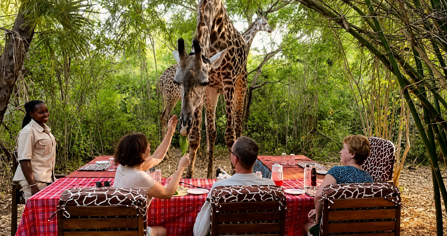 Posiłek w towarzystwie żyraf w Bora Bora Wildlife Park w Kenii