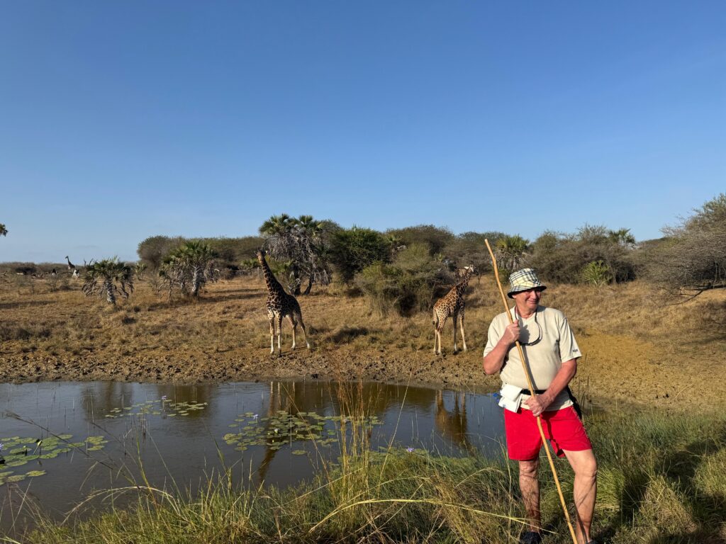 Turysta wśród dzikich zwierząt w Nguuni Nature Sanctuary w Mombasie.
